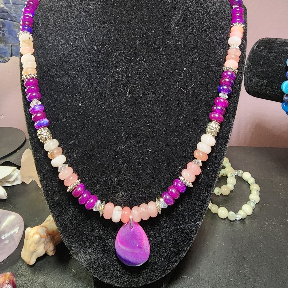 Elegant Pink Opal and Purple Agate Beaded Necklace With Dragon Vein Agate Pend.
